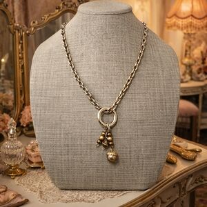 Mixed Metalic Tones Beaded Acorn Necklace on Silver Tone Chain - Pre-loved (36")